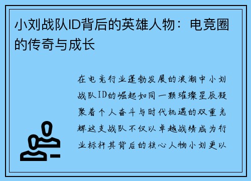 小刘战队ID背后的英雄人物：电竞圈的传奇与成长