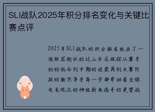 SLI战队2025年积分排名变化与关键比赛点评