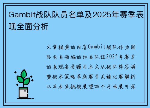Gambit战队队员名单及2025年赛季表现全面分析